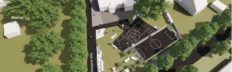 Arkitemas skitsetegning af nyt udeareal ved fritidsklubben Elisenborg