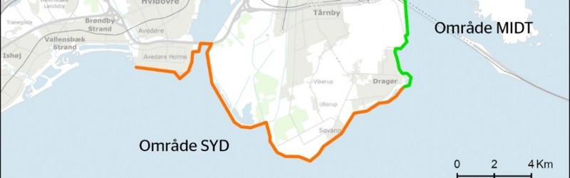 Oversigtskort med inddelingen af områderne syd, midt og nord, fra Statens forundersøgelse delrapport 1 om sikringsniveauer (februar 2024)